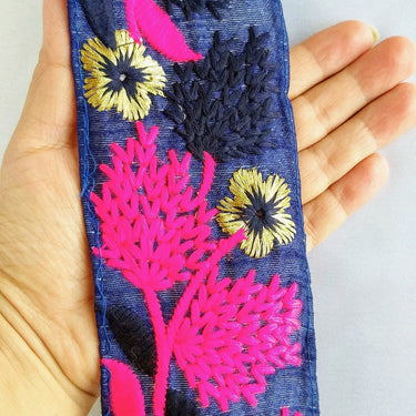 Cyan Blue / Green / Pink / Black /Blue / Beige And Gold Floral Embroidery Trim, Indian Embroidered Trim, Approx. 75mm wide